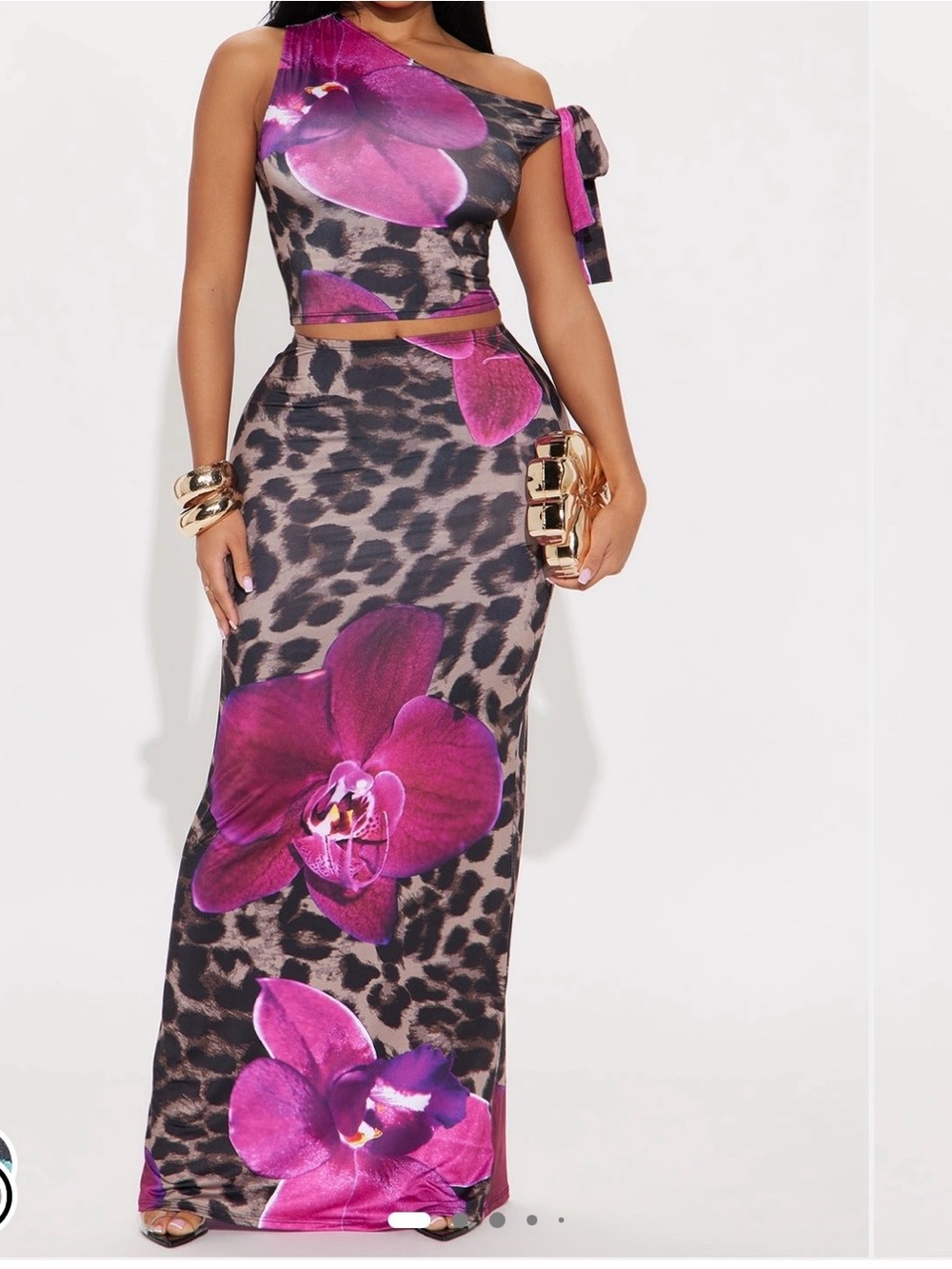 Fashion Nova One-Shoulder Orchid & Leopard Maxi Skirt Set - Magenta